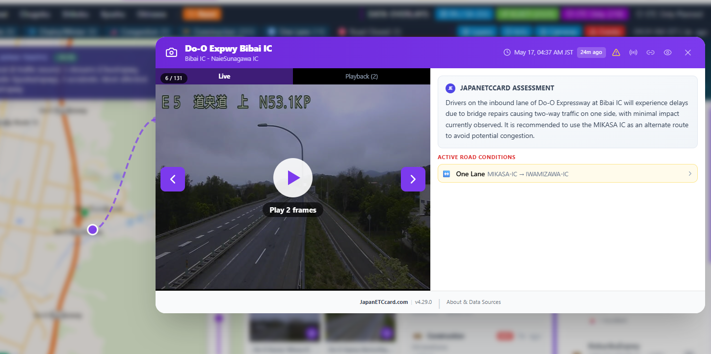 Toll Explorer — live highway camera feed with playback and active road conditions