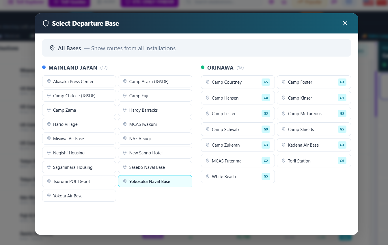Toll Guides — departure base picker across Mainland Japan and Okinawa