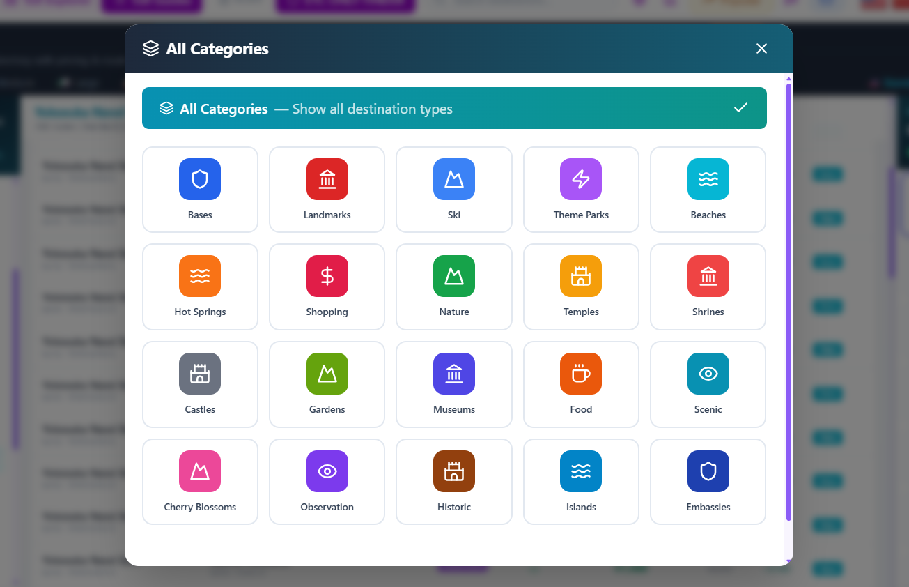Toll Guides — 20 destination categories (Bases, Landmarks, Theme Parks, Hot Springs, …)